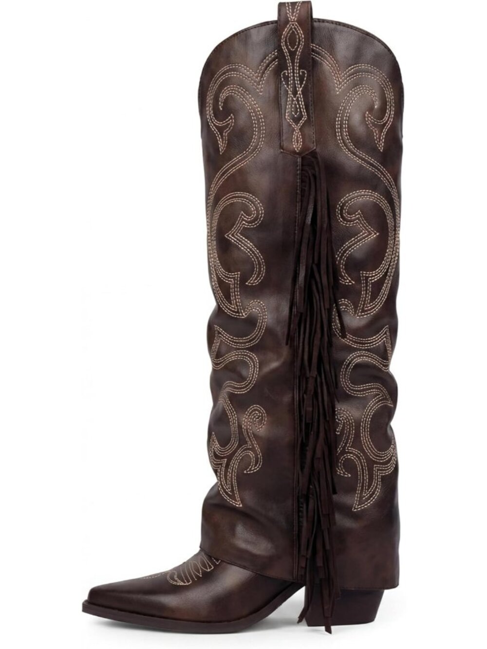 Women's Retro Brown Faux Leather Cowgirl Knee High Zipper Boot Toe Chunky Heel